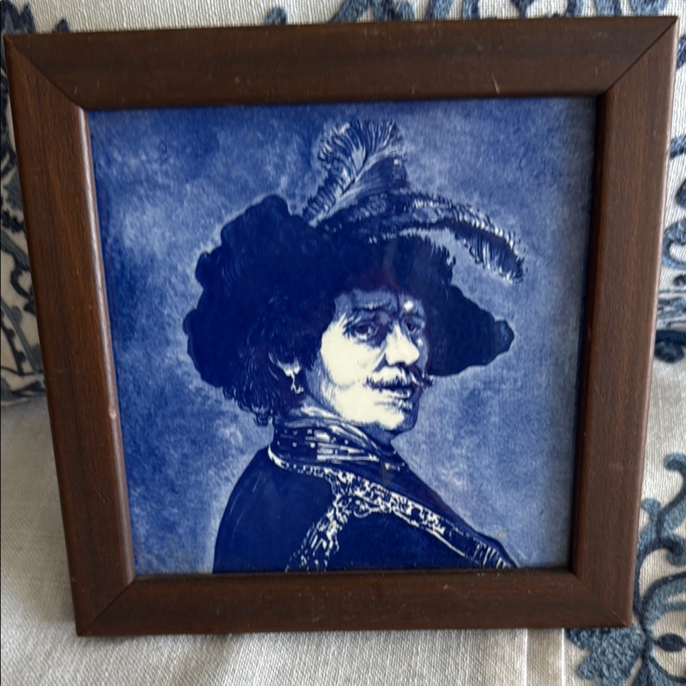 Blue self Portrait tile of Rembrandt Wooden Frame authentication on the back